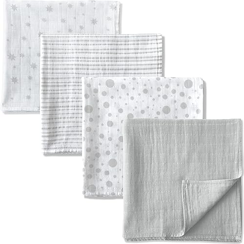 Miniatura 4 de Mantas de muselina orgánica para bebé, extra grande, 47 x 47 pulgadas, manta para envolver al bebé, estrellas, rayas, puntos, gris, mantas de