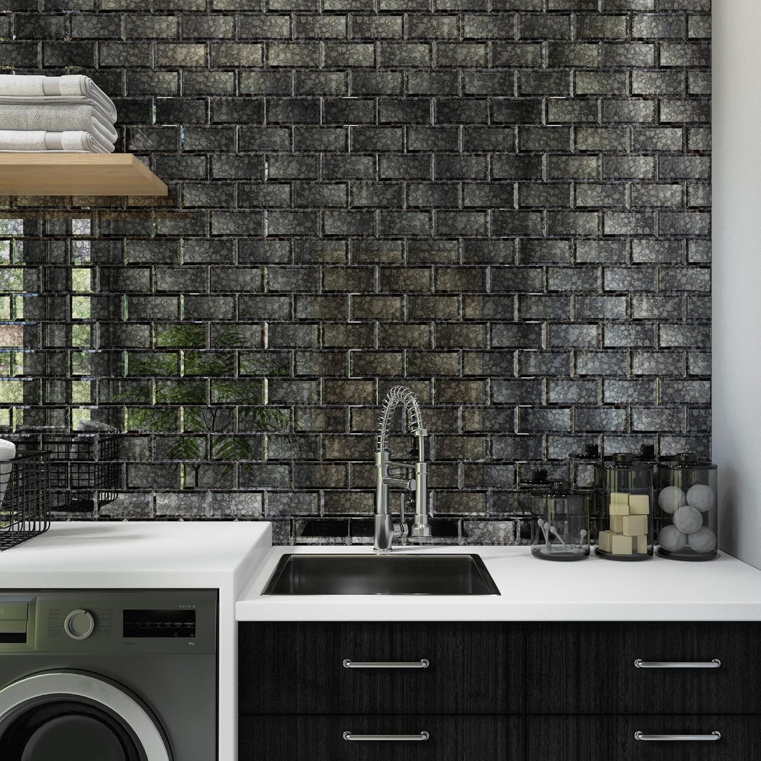 Daltile Lavaliere 3" x 6" Natural Stone Bevel Wall Tile in Polished Black Antique Mirror (40 PC per Carton) (4.84 SQFT per Carton)