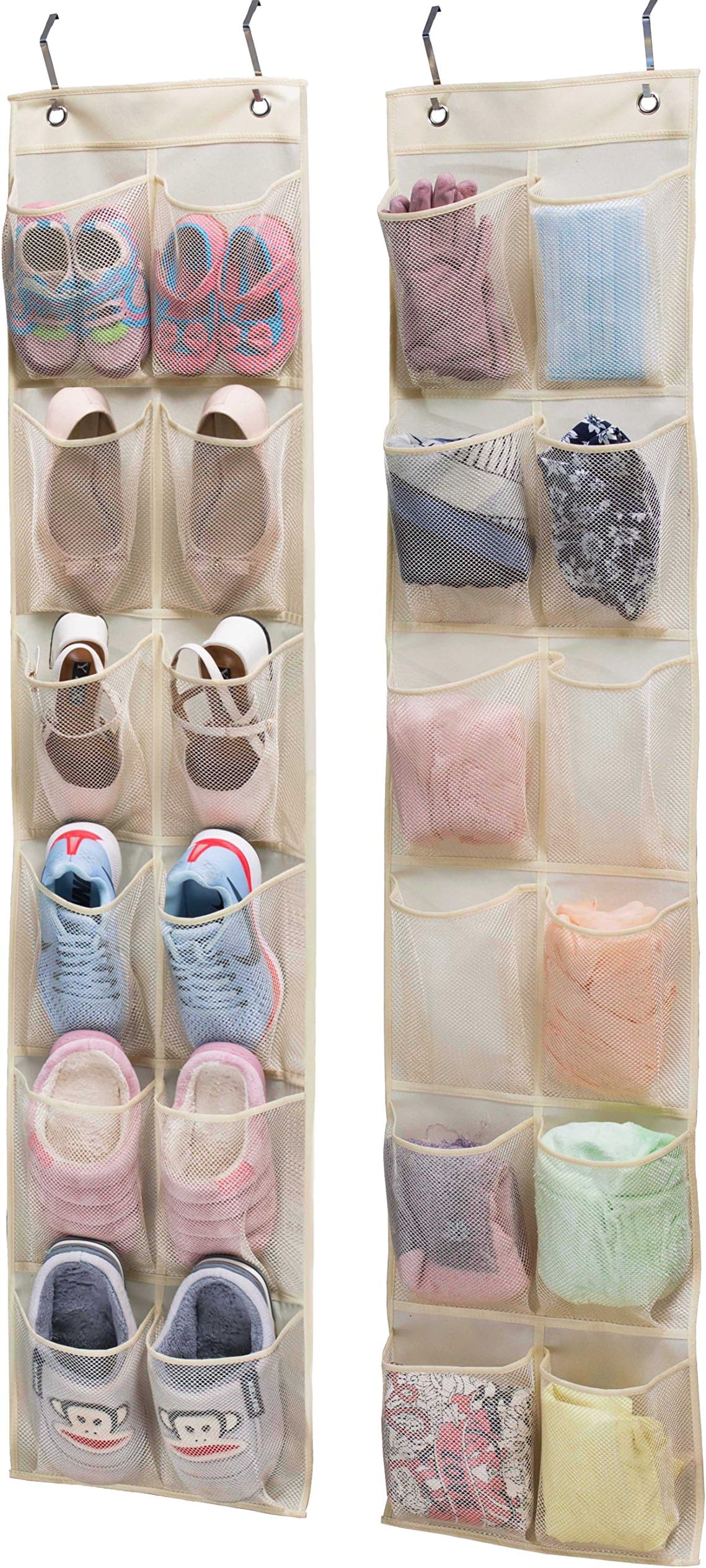 2 Pack - Kimbora 12 Large Mesh Pockets Over the Door Shoe Organizer Narrow Closet Door Hanging Pantry Organizer, Beige