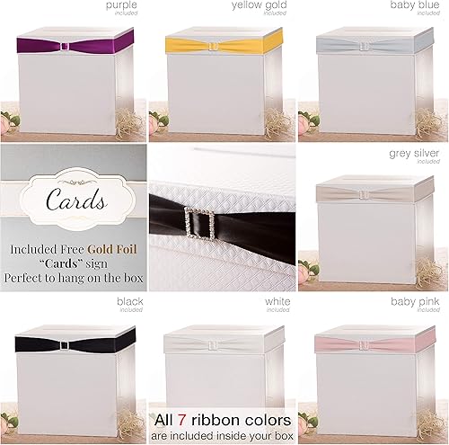 Miniatura 6 de Caja de tarjetas de boda, 7 colores de cinta de satén y hebilla de diamantes de imitación, 10 x 10 x 10 pulgadas, grande, elegante acabado blanco,