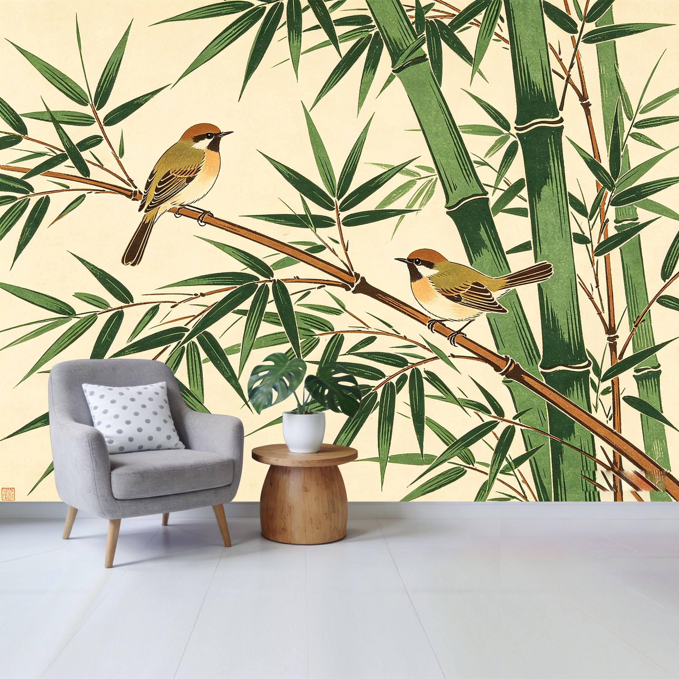 Custom Size Wall Mural Traditional Asian Bamboo Stalks with Two Small Birds Botanical Watercolor Print SelfAdhesive Wall Fabric Removable Wallpaper for Home Office Decor