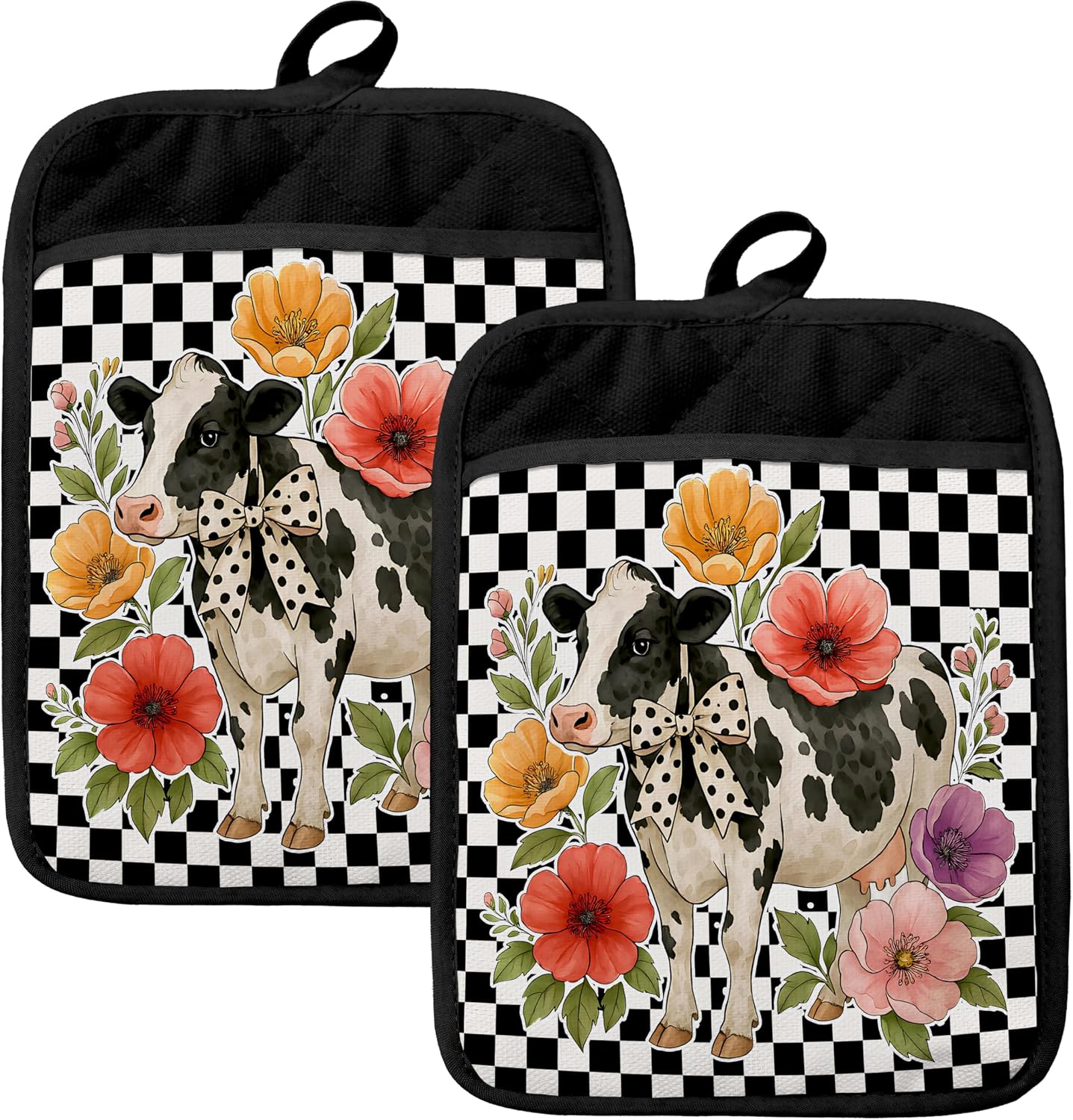 Farmhouse Chicken Goat Pig Cow Oven Mitts Set, Farm Sweet Farm Black Buffalo Plaid Heat Resistant Kitchen Oven Gloves for Baking and Cooking,Pot Holders