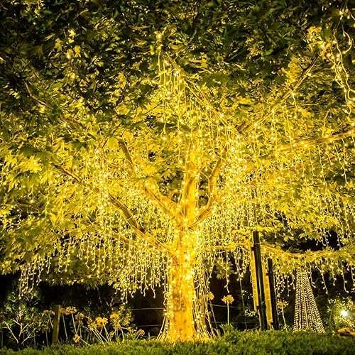 Miniatura 3 de MEHOFOND Guirnalda de 300 luces LED de 105 pies, luces de Navidad parpadeantes amarillas cálidas enchufables, 8 modos, impermeables, decoraciones de