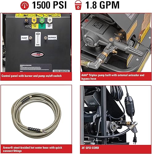 Miniatura 2 de SIMPSON Cleaning - MB1518. Lavadora a presión eléctrica de 1500 PSI, 1.8 GPM. Lavadora de potencia para uso en agua caliente, manguera aislada
