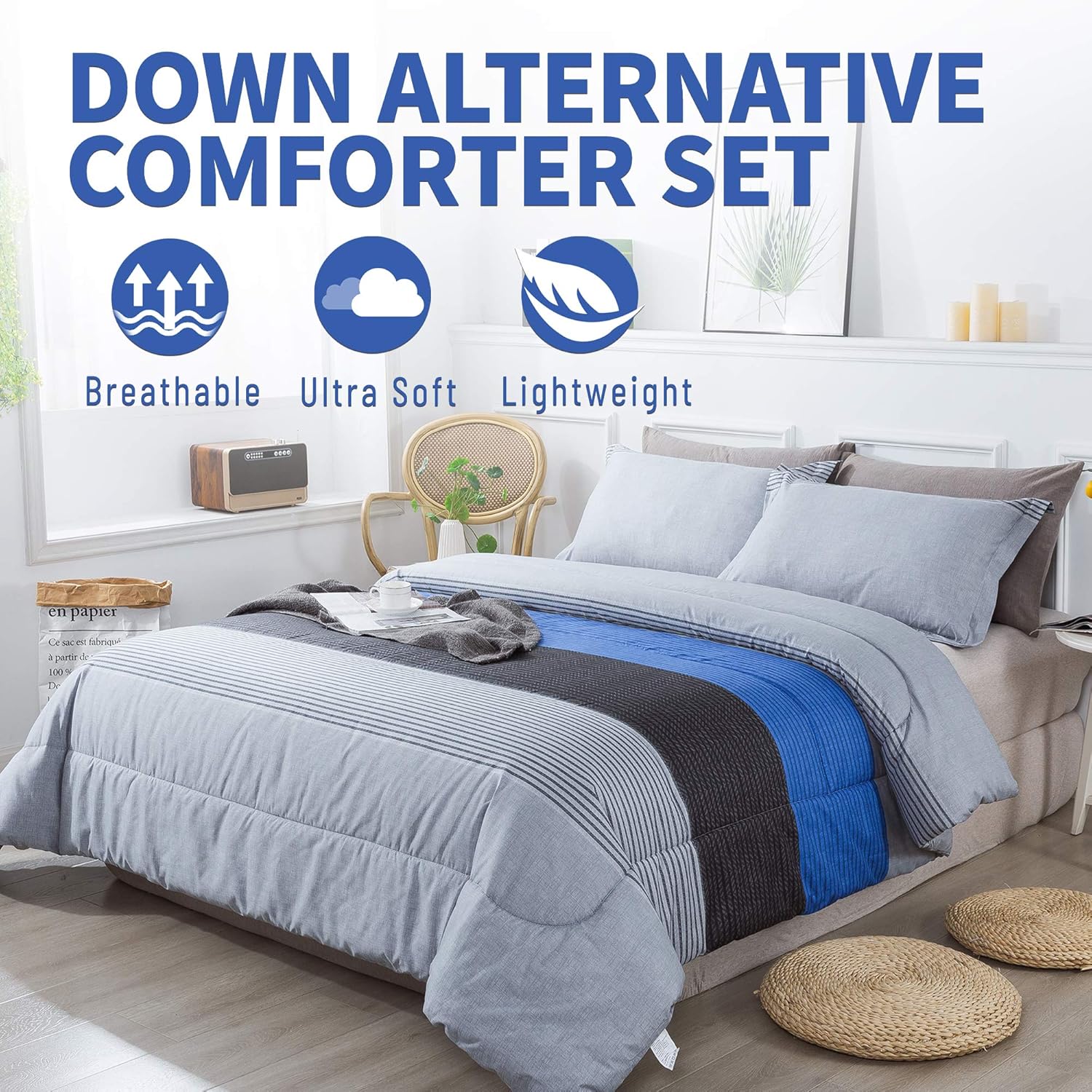 Andency Twin Comforter Set Blue (66x90 Inch), 2 Pieces Patchwork Striped Comforter Bed Sets for Boys, Soft Microfiber Down Alternative Comforter Bedding Set with Corner Loops - Image 4