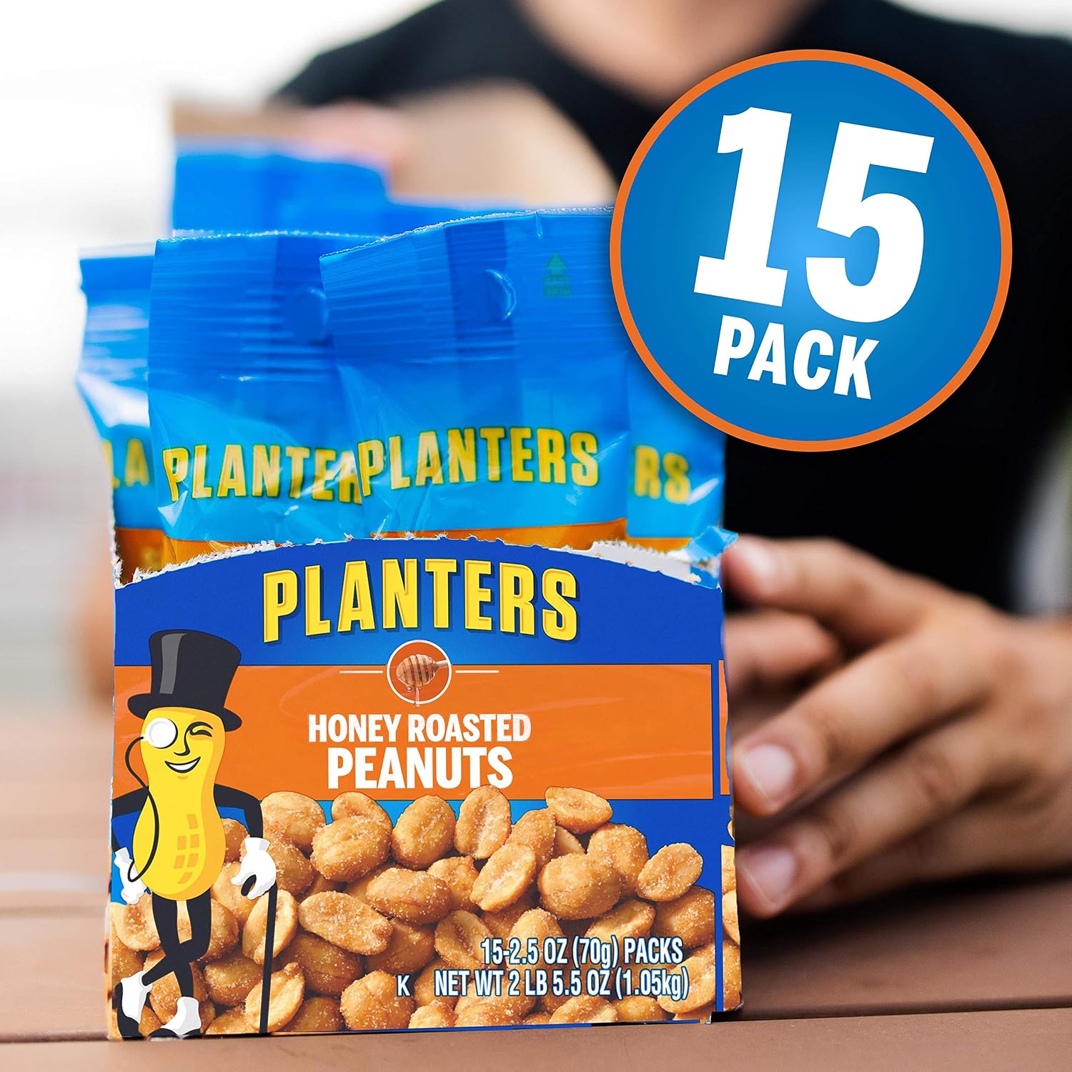 PLANTERS Honey Roasted Peanuts, 2.5 Ounce - 15 Count (Pack of 1) - Roasted with Honey and Sea Salt - Active Lifestyle Snacks, Movie Snacks and School Snacks - Kosher Peanuts