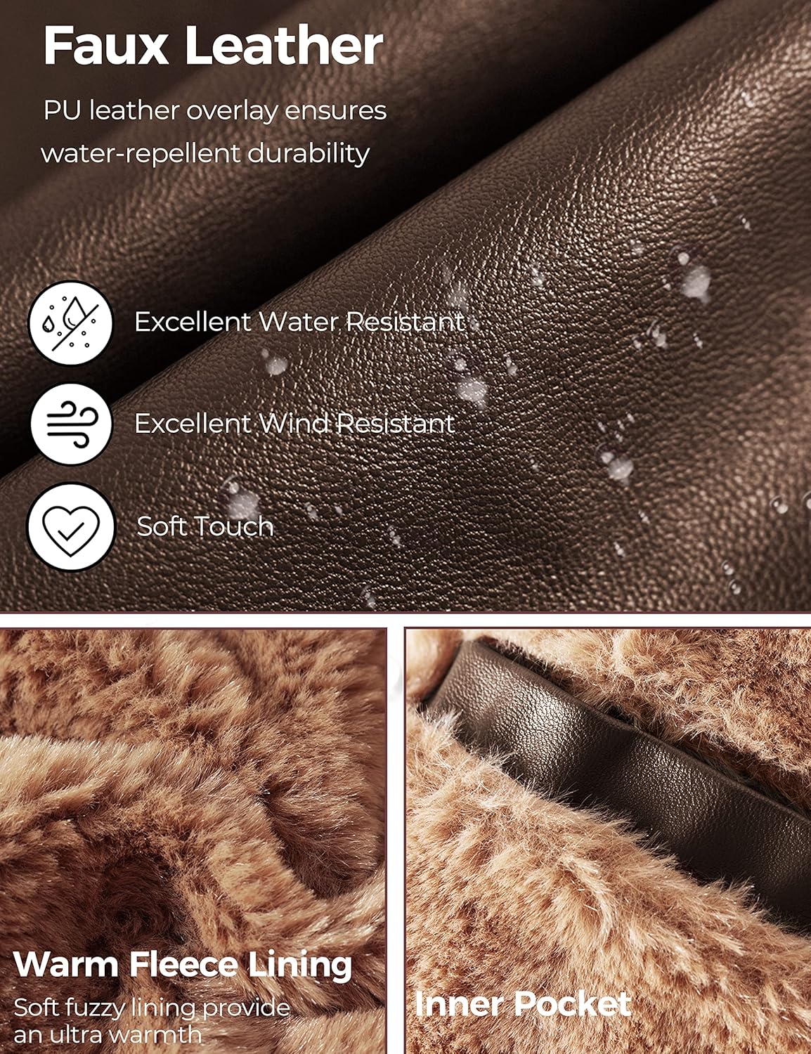 WenVen Men's Stand Collar Fleece Lined Bomber Faux Leather Jacket Warm Winter Coat - Image 6