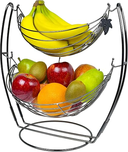 Miniatura 4 de MyGift Hamaca doble de metal negro de 2 niveles cesta de frutas verduras y productos de almacenamiento estante de exhibición