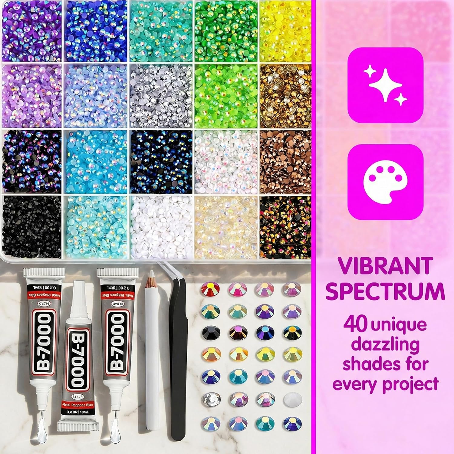 35000pcs Rhinestones for Bedazzling Kit, 40 Color Bedazzled Kits, 3mm Bedazzling Kit with Glue, for DIY Diamond Paintings, Decorative Water Cups, Phone Cases, and Other Crafts