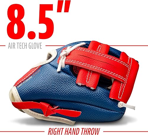 Vista 3 de Franklin Sports Air Tech - Guante de béisbol con pelota - Tee Ball - Espuma suave Air Tech Azul marino/Rojo