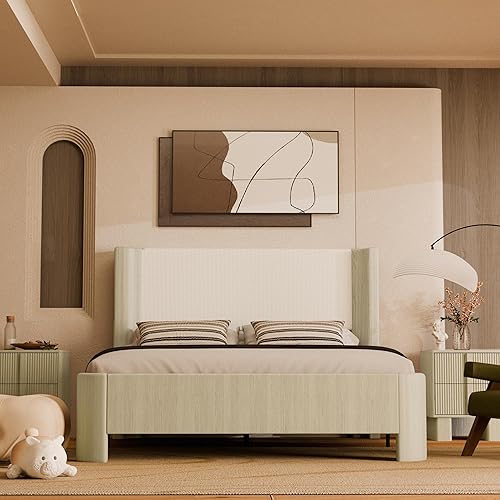 Modern Upholstered Bed Frame with LED-Enhanced Wingback Headboard, Featuring Realistic