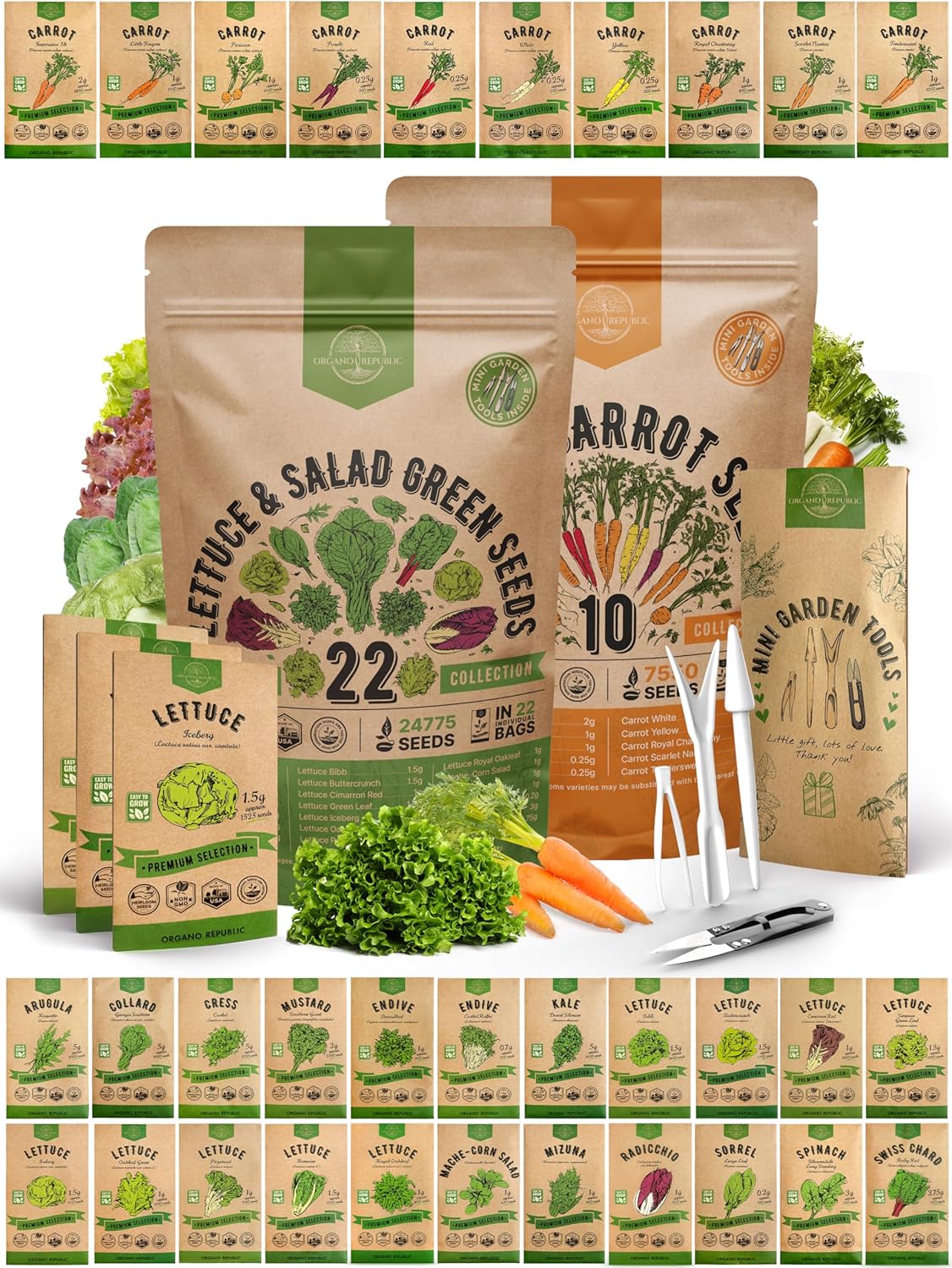Organo Republic 22 Lettuce & Salad Greens Seeds and 10 Carrot Seeds Variety Pack Bundle, 32,250+ Non-GMO Heirloom Garden Seeds for Planting Vegetables for Indoor & Outdoor Gardening