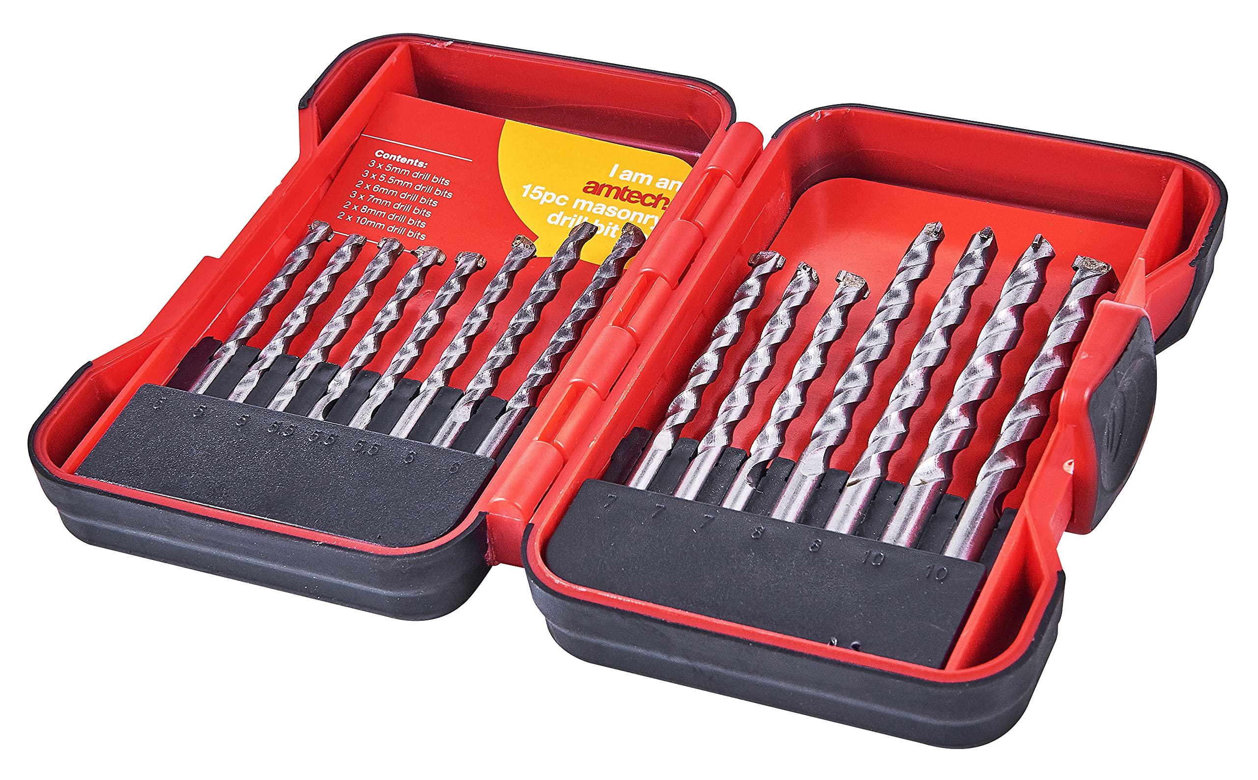 Amtech - 15pc masonry drill bit set, cold-forged with tungsten carbide tips, duplicates of high-use sizes, plastic carry case, 5 10mm
