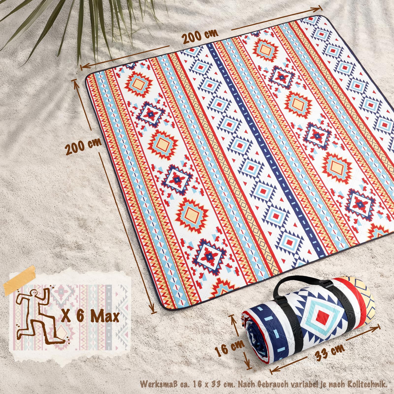 Siegvoll Picknickdecke 200x200cm XXL, wasserdichte sandfreie Stranddecke, 3-lagig gepolsterte isolierte Campingdecke, Strandmatte für Outdoor, Boho-Stil, waschbar faltbar