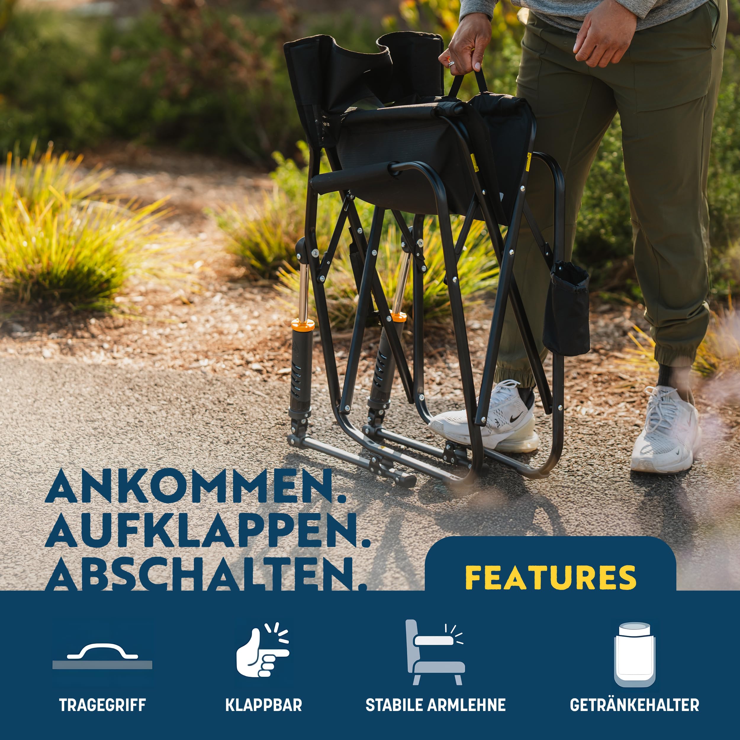 GCI Outdoor – Freestyle Rocker – Faltbarer Regiestuhl mit patentierter Schaukelfunktion – Hohe Sitzposition für einfaches Aufstehen – bis 130kg belastbar - stabile Armlehnen & Getränkehalter – Rot
