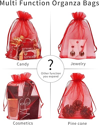 Miniatura 4 de Jexila 100 bolsas de organza roja de 5 x 7 pulgadas de malla transparente de Navidad con cordón, bolsas de regalo pequeñas para joyas, bodas,