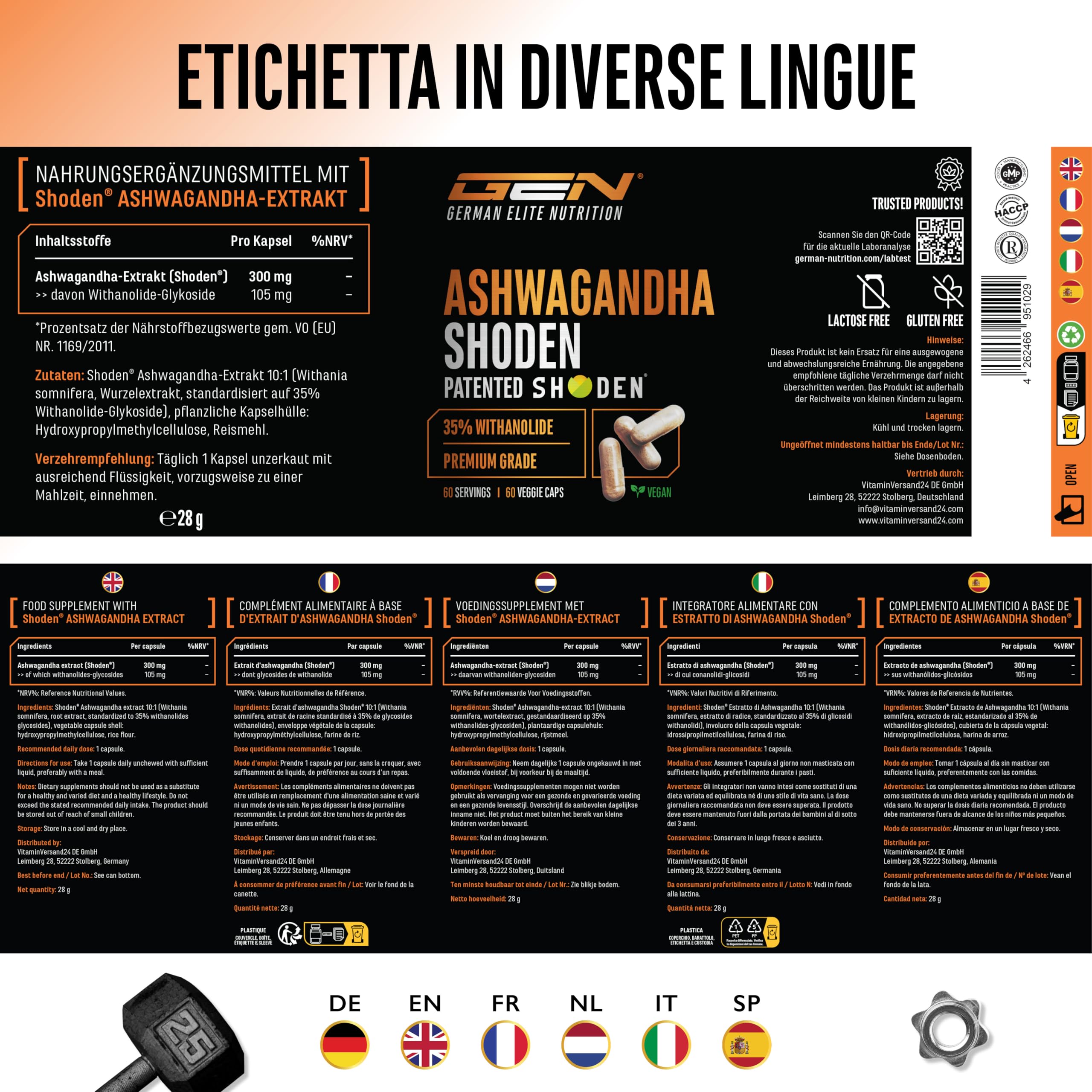 Ashwagandha Shoden® - 35% glicosidi withanolidi - Estratto brevettato di radice di ashwagandha - Elevata biodisponibilità, altamente dosato, vegano - 60 capsule