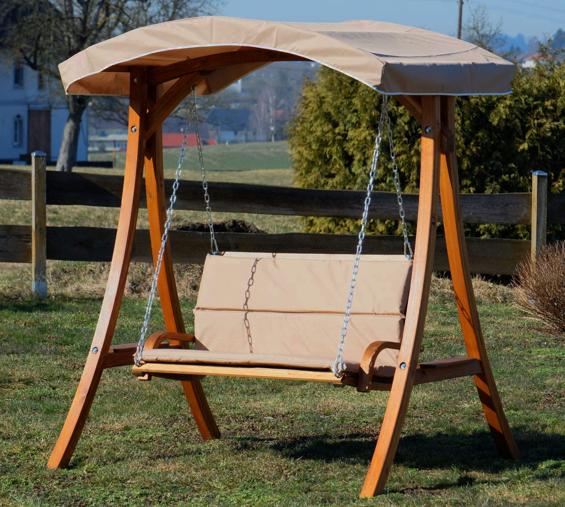 ALEOS. Design Hollywoodschaukel Gartenschaukel Schaukelbank Rio aus Holz Lärche mit Dach und Polsterauflage braun
