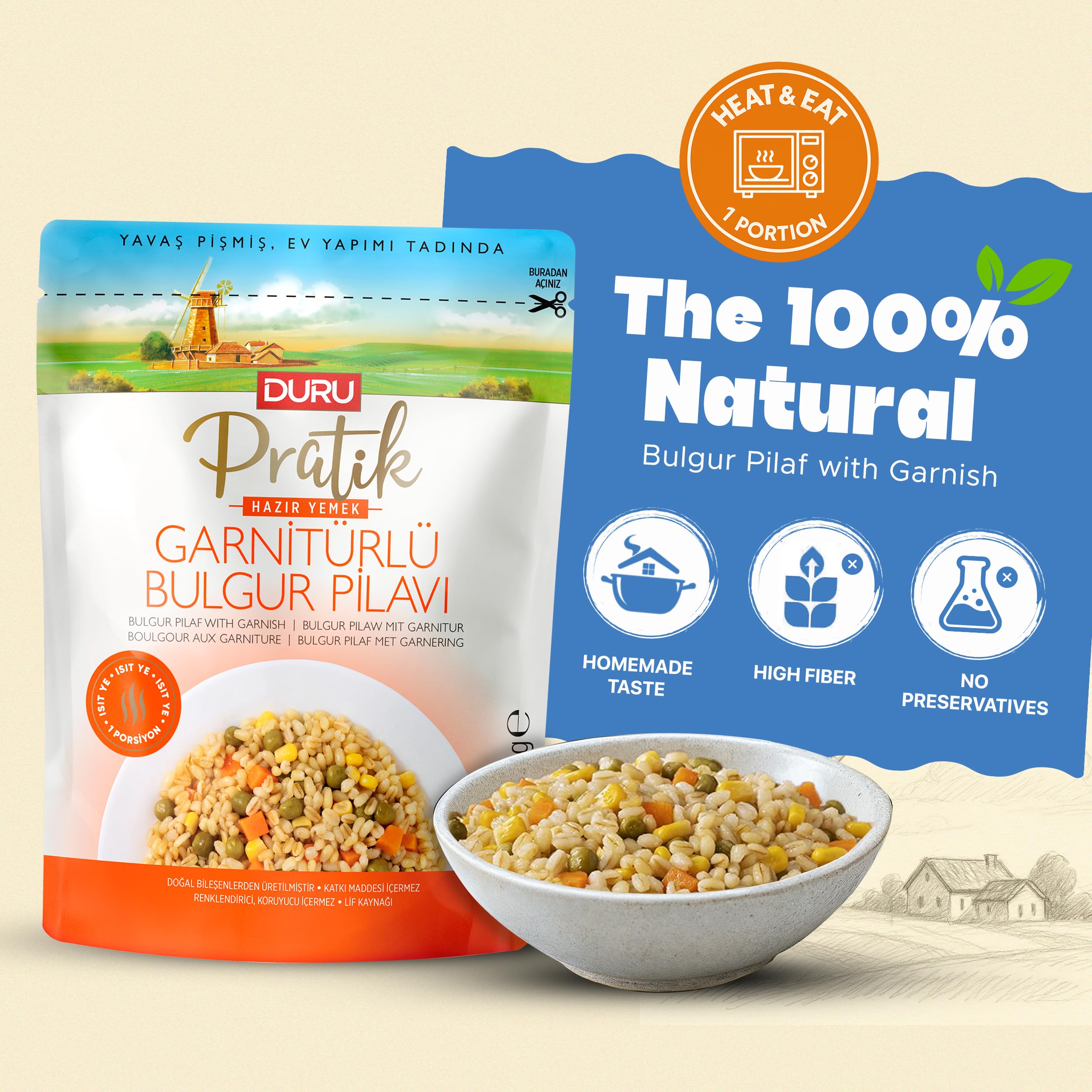 Duru Ready Bulgur Pilaf with Garnish, 250g x 4 Pack – Heat & Eat, 100% Natural, Non-GMO, BPA Free, No Trans Fat, No Preservatives