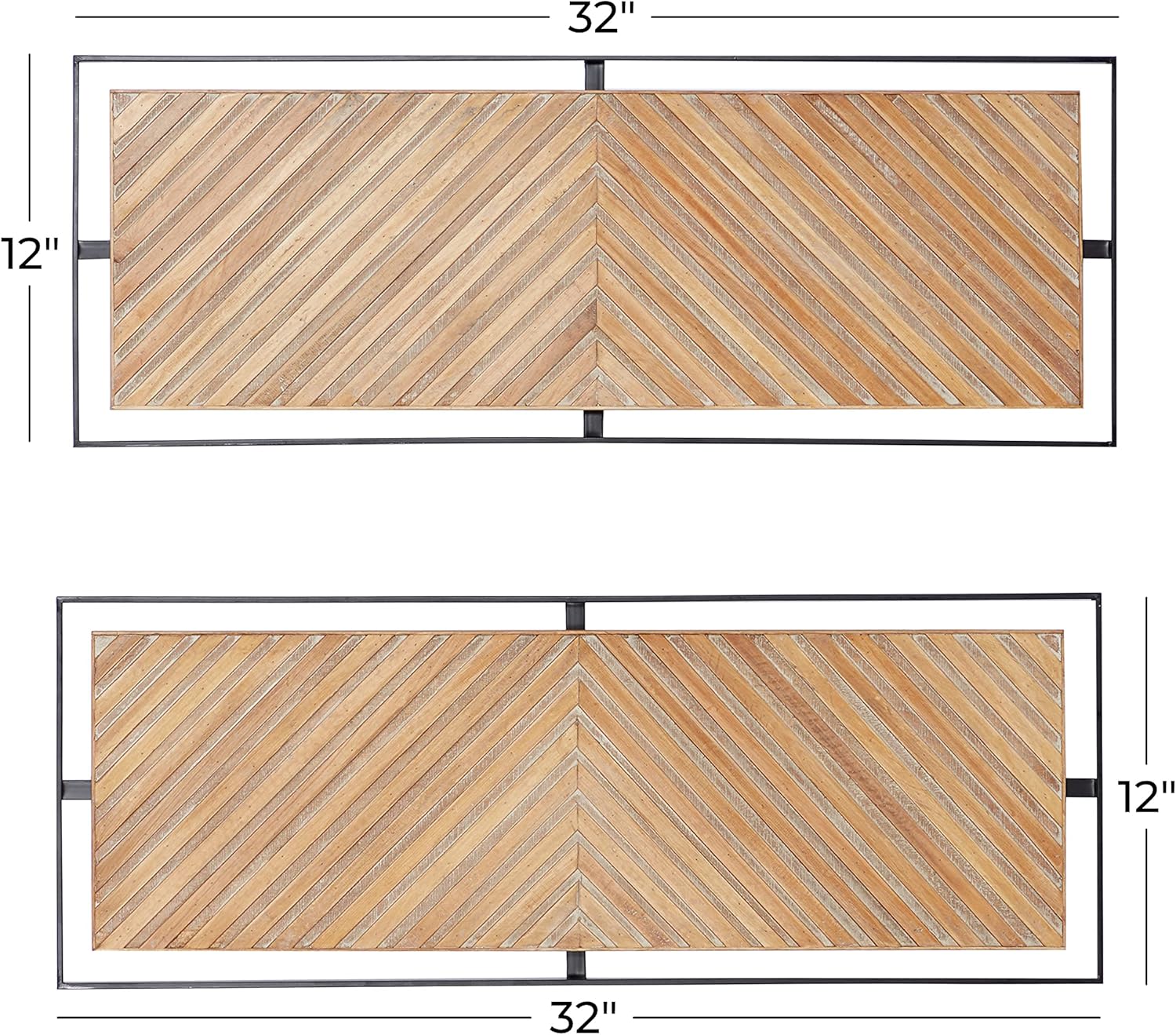 Deco 79 Wooden Geometric Home Wall Decor Linear Carved Wall Sculpture with Black Frame, Set of 2 Wall Art 32"W, 12"H, Brown
