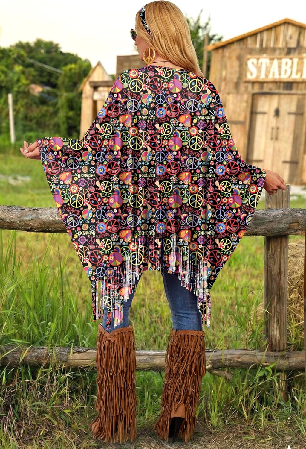 For G and PL Women Halloween 7 Pcs 70s Hippie Costume Tie Dye Retro Outfit Cosplay Party Poncho