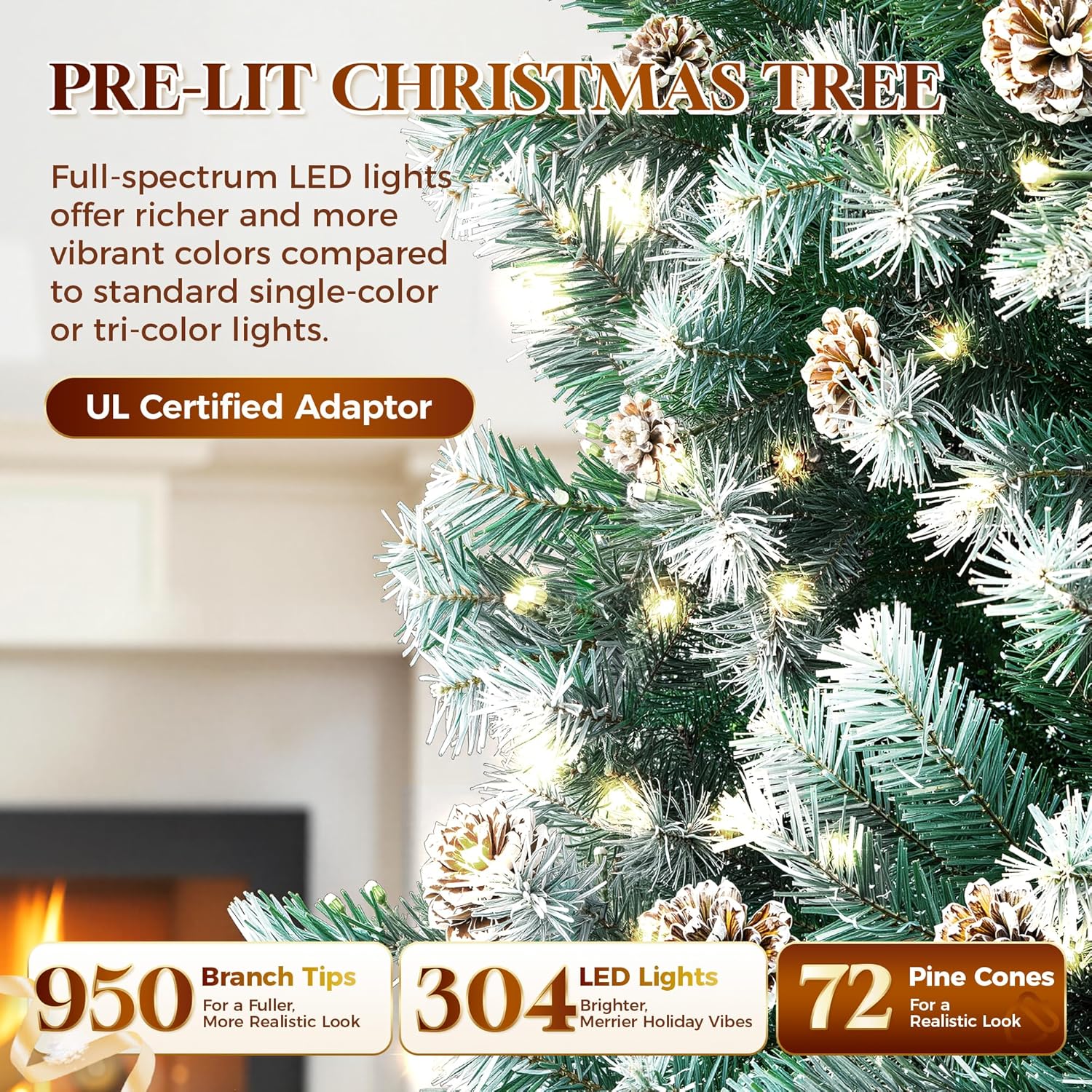 HOLLO STAR 7.5 ft Prelit Christmas Tree with 304 LED Lights, App Control, Slim Pencil Christmas Tree, Multi-Color RGBW Lights, 950 Flocked Frosted Tips, Xmas Tree, 72 Pine Cones, for Home, Party