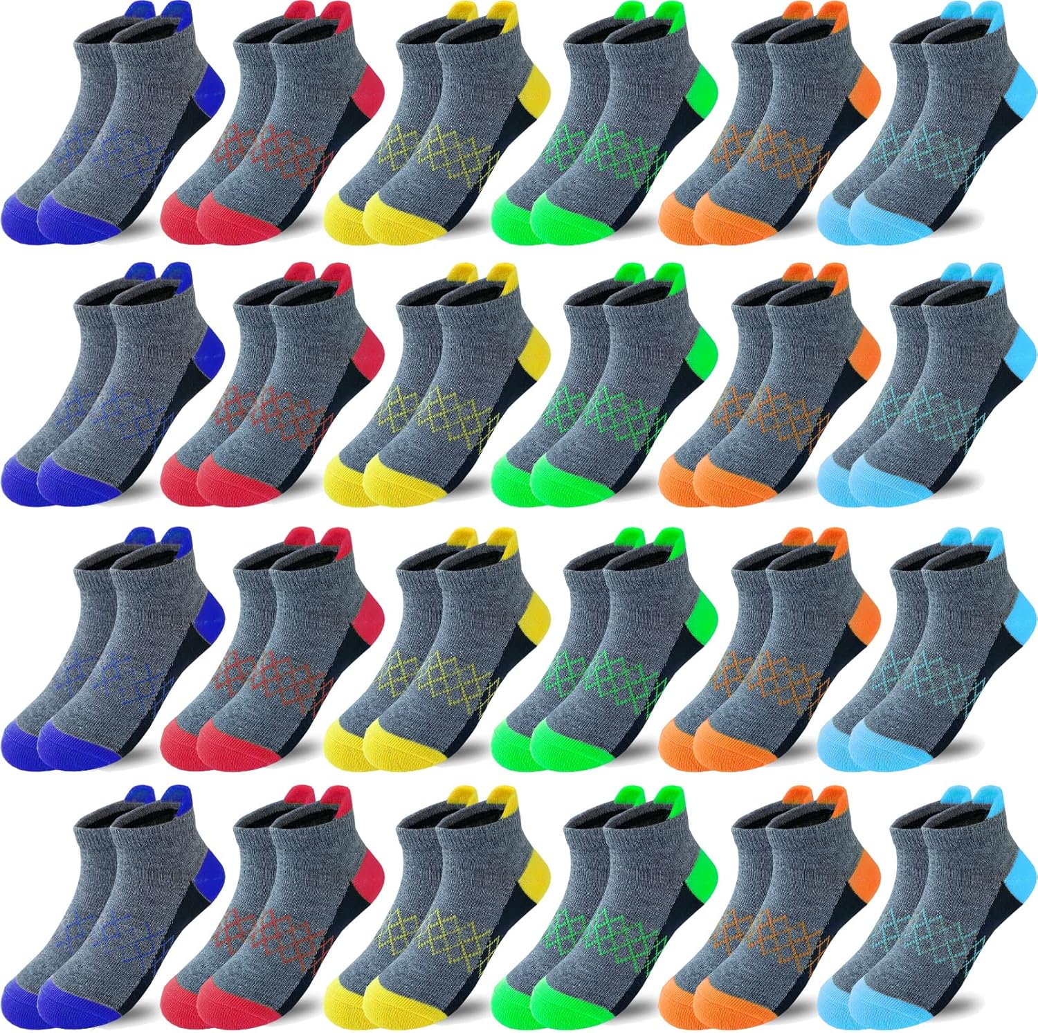 Tsmollyu Boy Socks 24 Pairs Half Cushioned Low Cut Sock Ankle Athletic Sports Sock For Little Big Kids Age 3-14