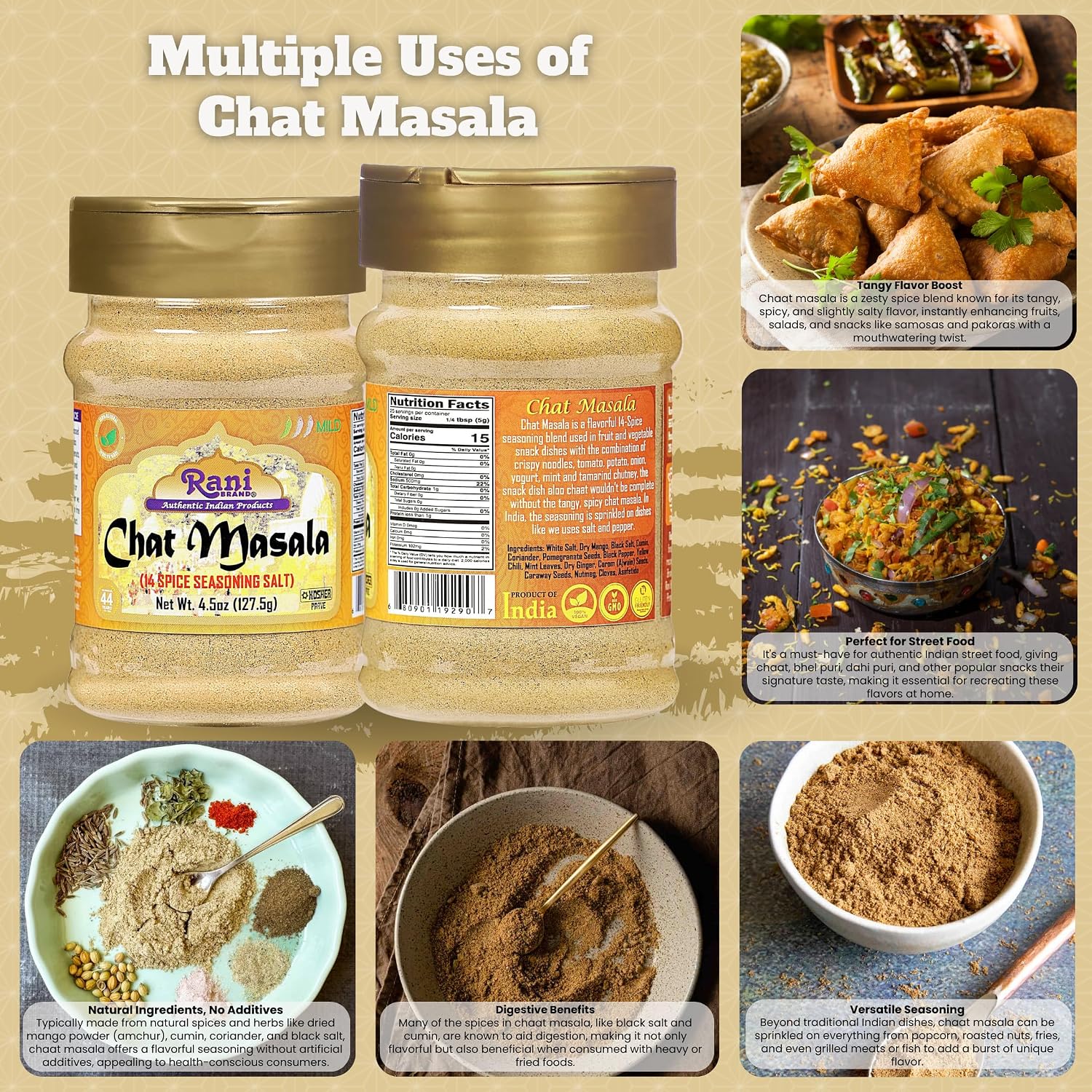 Rani Chat Masala (14 Spice Seasoning Salt) Tangy Indian Seasoning 4.5oz (127.5g) PET Jar ~ All Natural | No MSG | Vegan | No Colors | Gluten Friendly | NON-GMO | Kosher | Indian Origin image 5