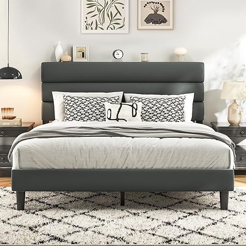 Queen Bed Frame, Platform Bed Frame with Velvet Upholstered Headboard, No Box Spring Needed, Sturdy Metal Support, Noise Free, Easy Assembly, Modern Bedroom Furniture, Grey