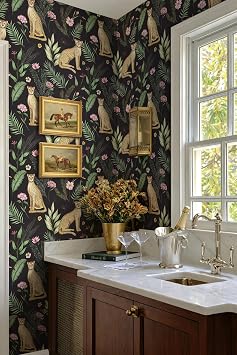 Safiyya Leopard Peel and Stick Wallpaper Black/Green/Yellow Jungle Cheetah Floral Contact Paper Animal Self Adhesive Removable Wallpaper Wall Paper Decor for Bathroom Bedroom Vinyl 17.3 x 78.7