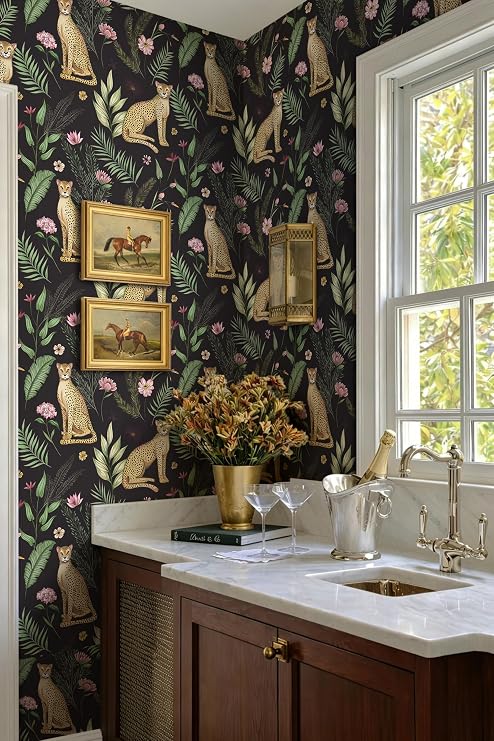 Safiyya Leopard Peel and Stick Wallpaper Black/Green/Yellow Jungle Cheetah Floral Contact Paper Animal Self Adhesive Removable Wallpaper Wall Paper Decor for Bathroom Bedroom Vinyl 17.3 x 78.7