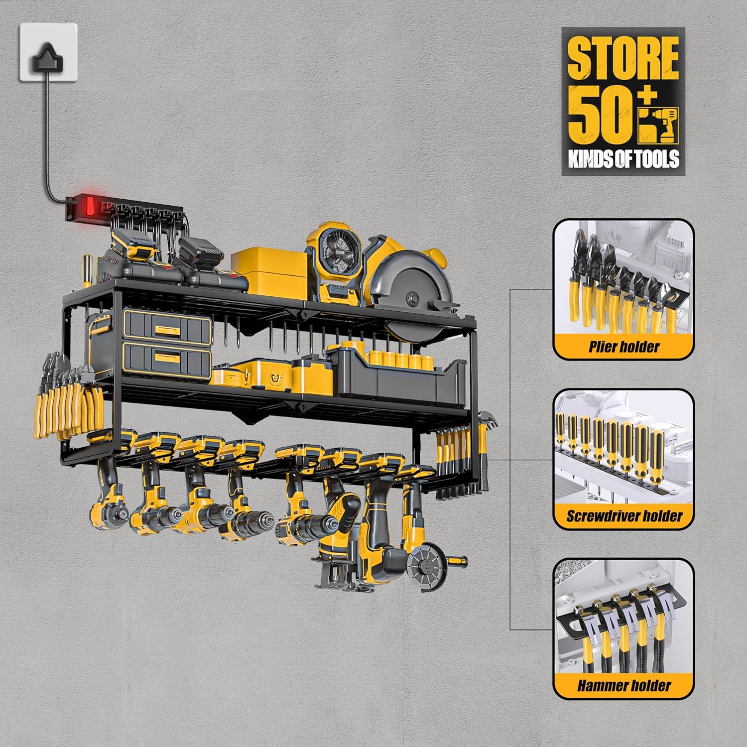 Power Tool Organizer with Charging Station, Garage Storage Shelf with 6 Outlets Power Strip, 8 Slots for Drill Holder Wall Mount, Heavy Duty Metal Tool Holder and Storage Rack, Father's Day