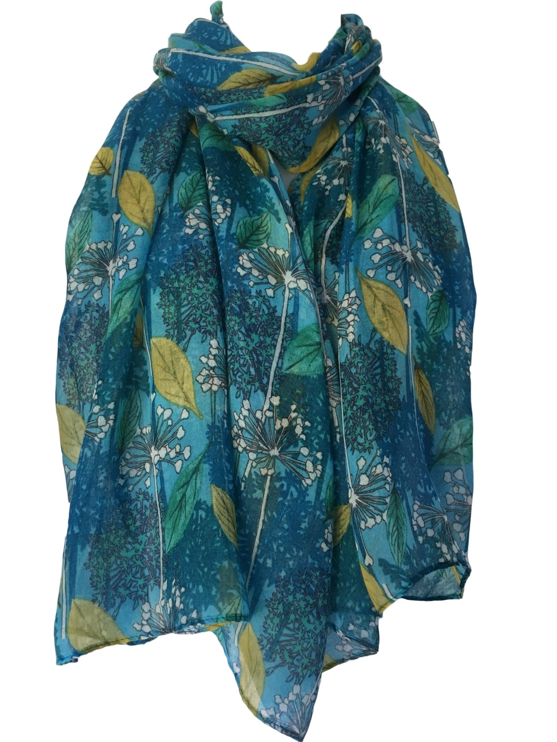 Purple Possum Women's Turquoise, Blue Purple Possum® Turquoise Floral Scarf Blue Mustard Yellow Flowers Wrap Flower Leaves Shawl