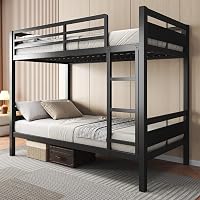 FEONASE Metal Twin Over Twin Bunk Bed with Ladder, 11.2" Guardrails, Noise-Free Slats, Under-Bed Storage for Kids - Black