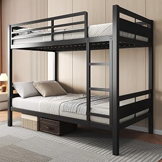 FEONASE Metal Twin Over Twin Bunk Bed with Ladder, 11.2" Guardrails, Noise-Free Slats, Under-Bed Storage for Kids - Black