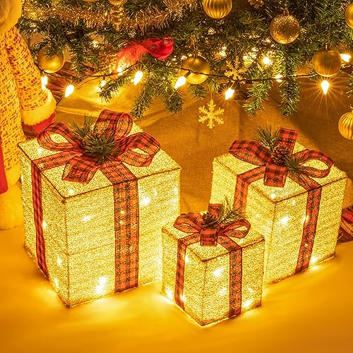 Sunnyglade Juego de 3 cajas de regalo iluminadas de Navidad de 10 a 8 a 6 pulgadas, cajas de decoración con enchufe, lazos, hojas de pino