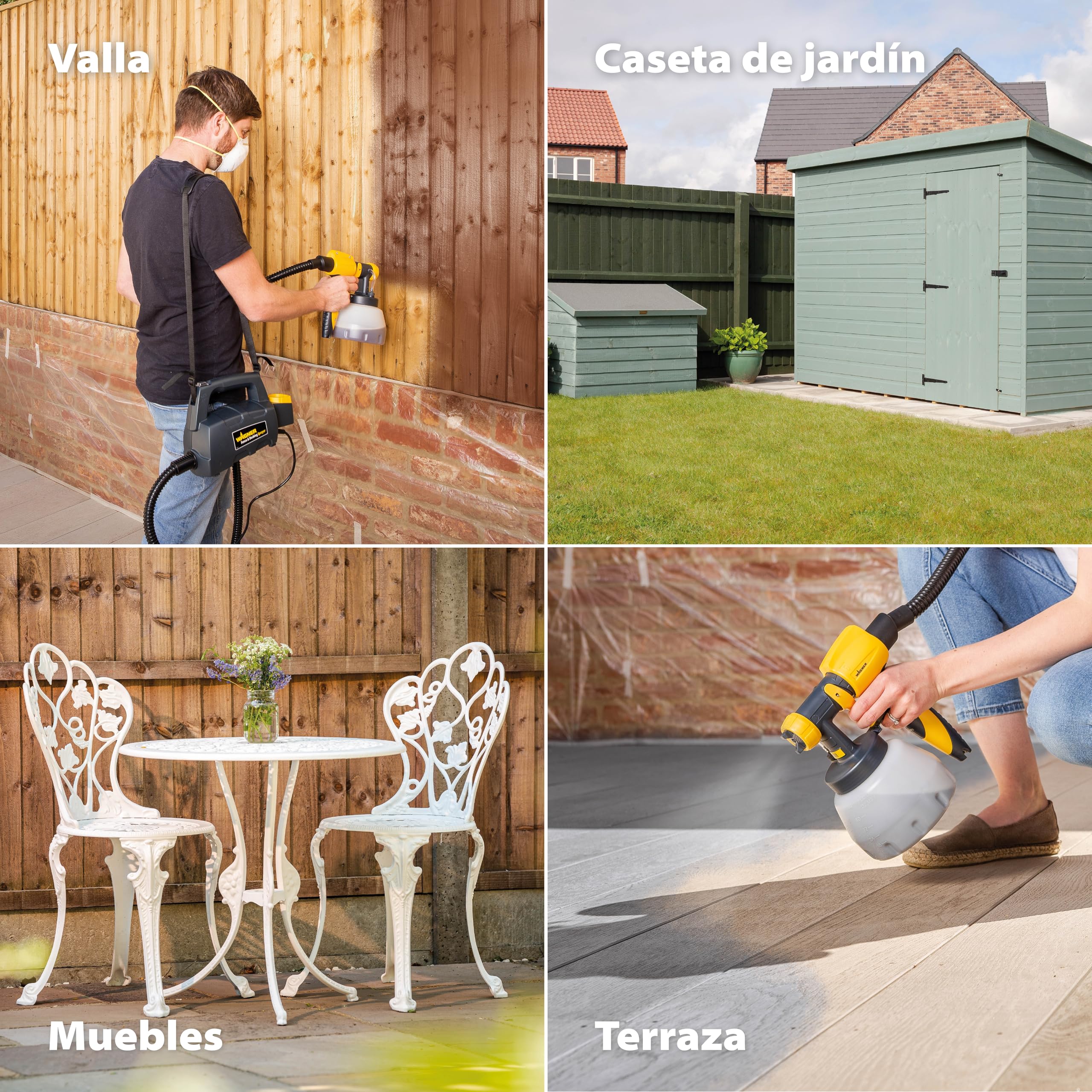 WAGNER Pistola de Pintura para Madera Exterior | 460 W, Capacidad 1400 ml, Cubre 5 m² en 9 minutos, Manguera de 1,8 m, Para persianas, vallas, terrazas, muebles de jardín
