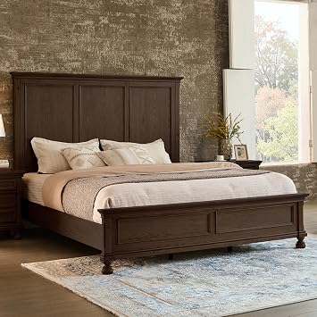 LUXOAK Solid Wood Queen Bed Frame, Traditional Platform Bed with 65.2" High Headboard, Heavy Duty Wooden Slats, No Box Spring Needed, Easy Assembly, Dark Brown