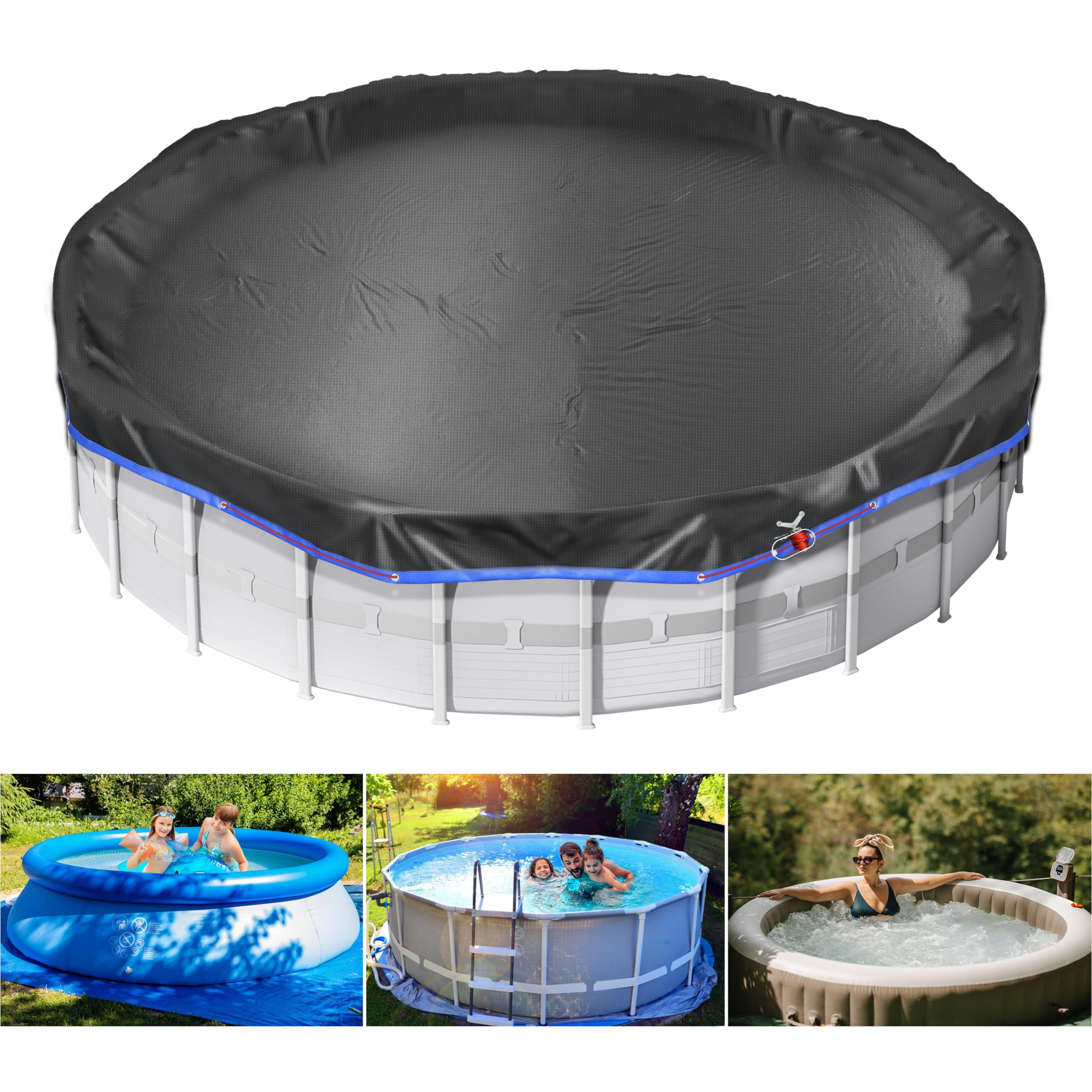 mixc 12 ft round pool cover, solar covers for above ground pools, summer pool cover protector with pool cover accessories, round hot tub cover ideal for waterproof and dustproof (black)