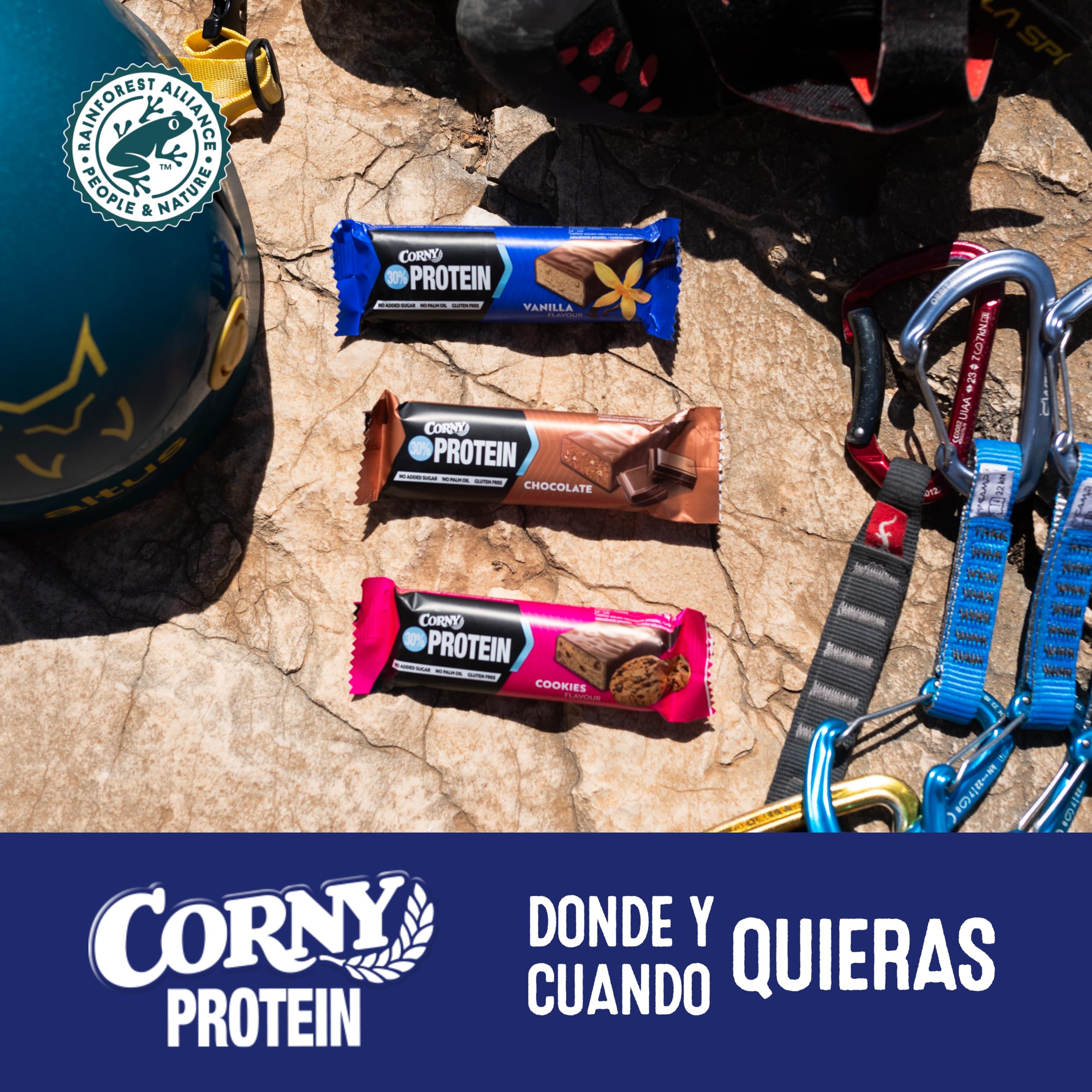 Barritas de Proteínas, Corny Protein, Vainilla recubiertas de Chocolate, 13,5 gr de Proteínas, 0% Azúcares Añadidos - Pack 18x50 g Taste the Power