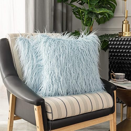 Kevin Textile Pack of 2 Faux Fur Pillow Covers Throw Pillows Cases, Luxury Series Plush Cushion Case Mongolian Style, Light Blue 18 x 18 inches 45 x 45 cm