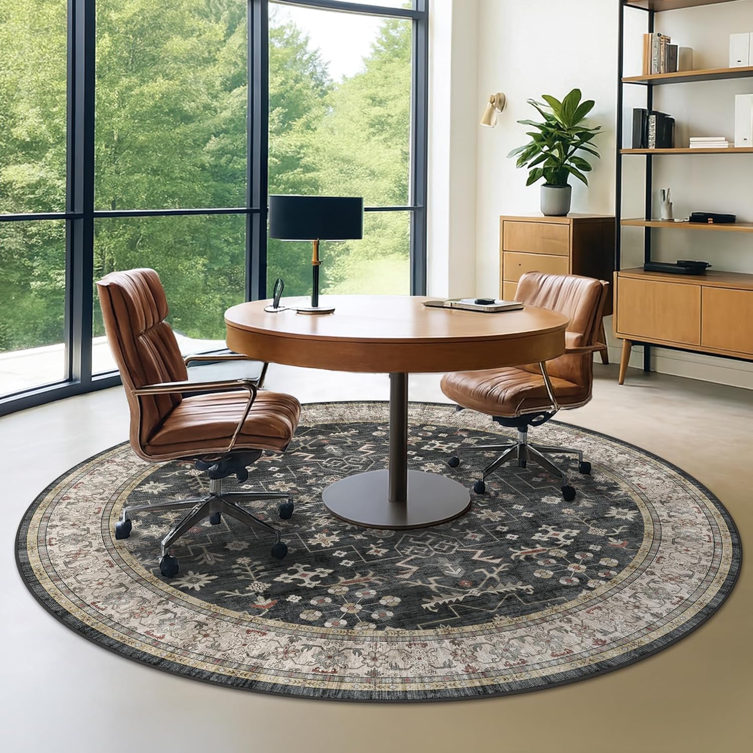 Black Boho Washable Round Rug 8ft - Large Area Rug for Living Room, Bedroom, Dining Room Low Pile Non Slip, Dark Farmhouse Carpet, Moody Retro 8x8 Circular Indoor Décor
