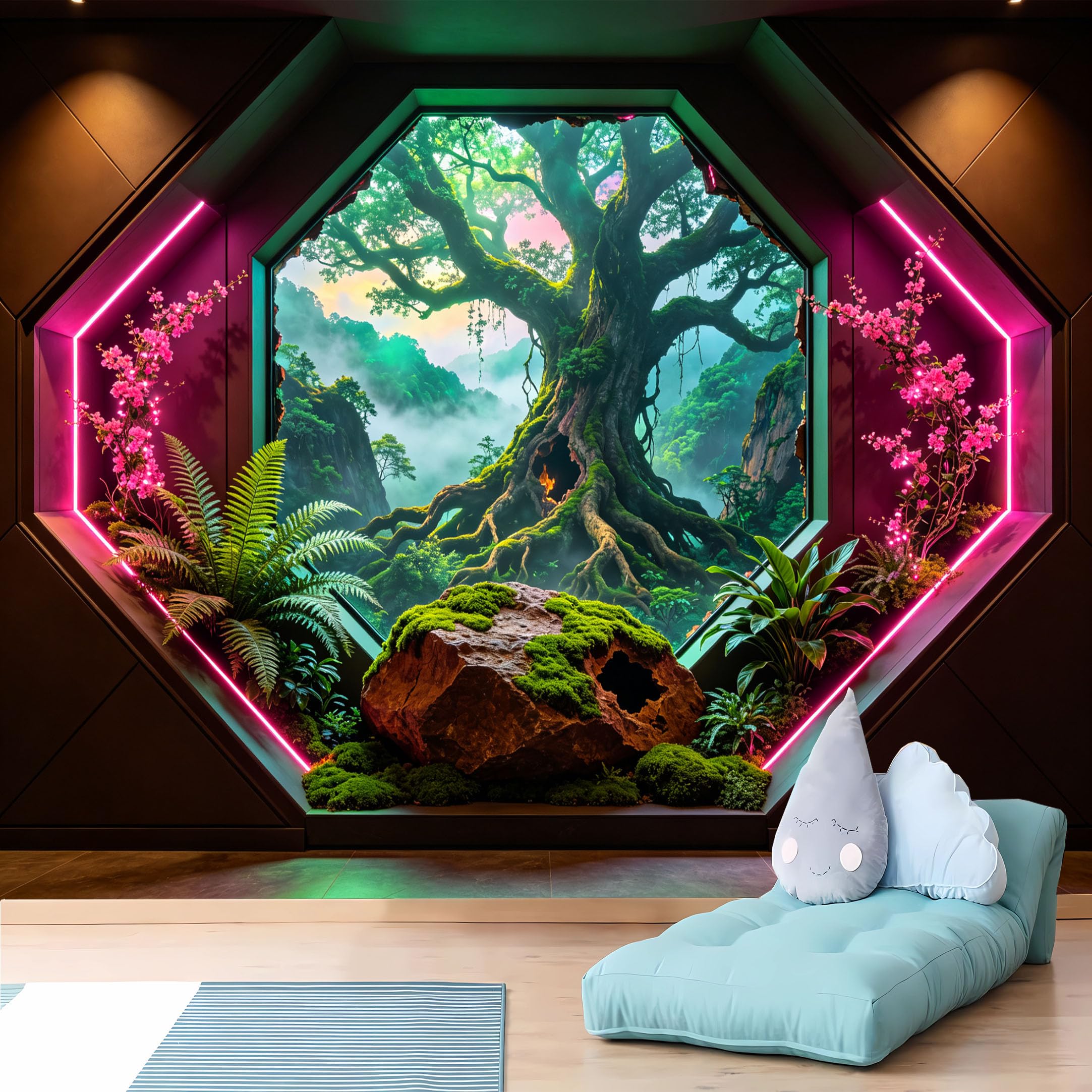 Custom Size Wall Murals Hexagonal Neon Tree Wall Murals Fantasy Forest Wallpaper Vivid Self-Adhesive Removable Wallpaper for Living Room Bedroom