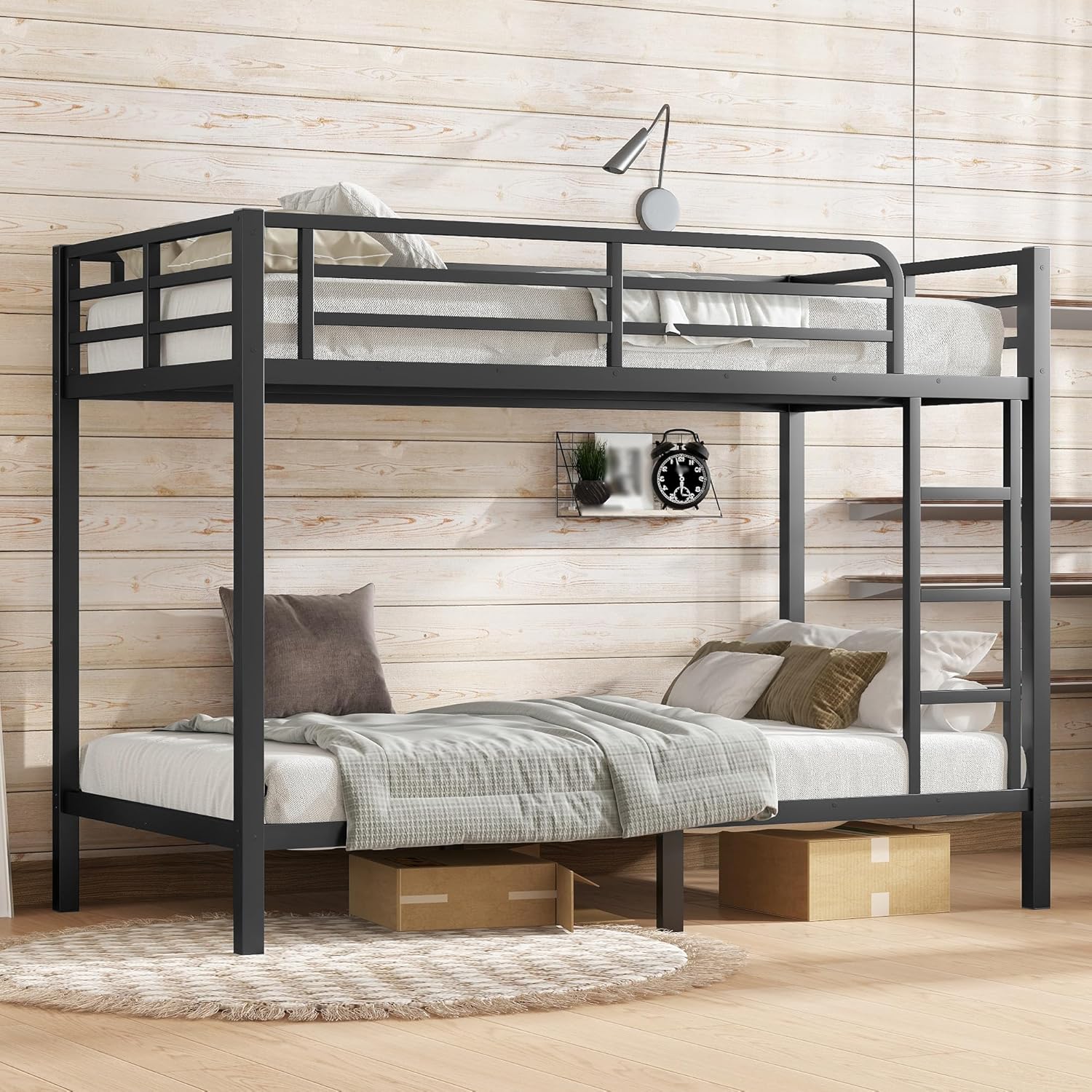 Twin XL over Twin XL Bunk Bed, Modern Metal Bunk Bed Frame with Slat Support, Ladder and Safety Guardrails, Space-Saving for Bedroom Guest Room Apartment, Noise Reduced, No Box Spring Needed, Black
