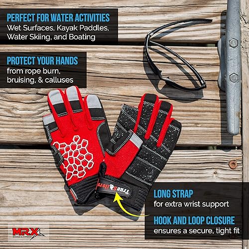 Miniatura 6 de MRX BOXING & FITNESS Guantes de vela pegajosos para la palma de la mano, guantes de yate, kayak, bote, pesca, 2 dedos de corte (rojo, mediano)