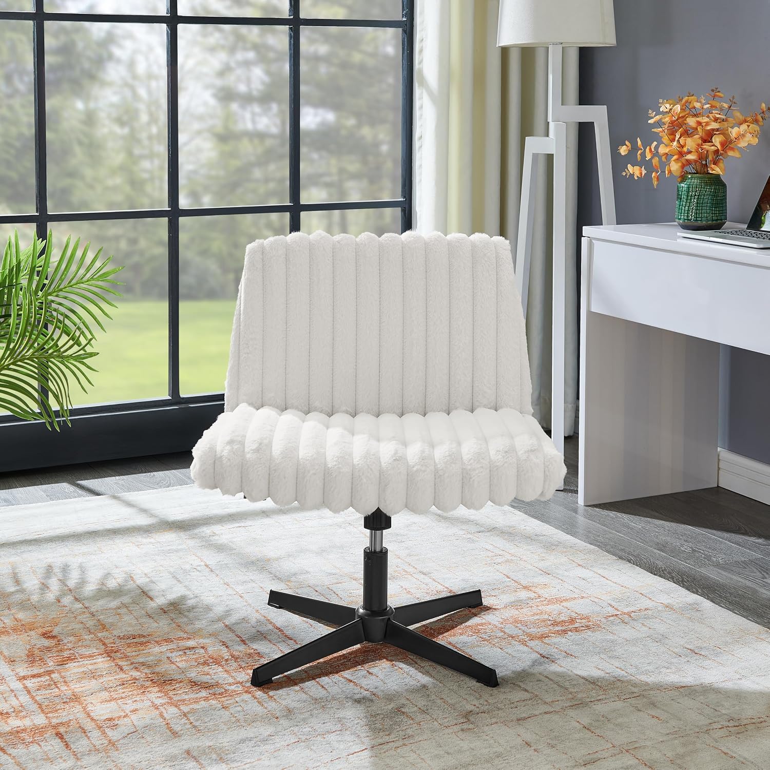 Roundhill Blynn Adjustable Swivel Criss Cross Chair, Wide Seat Office Chair Vanity Chair, Cream White