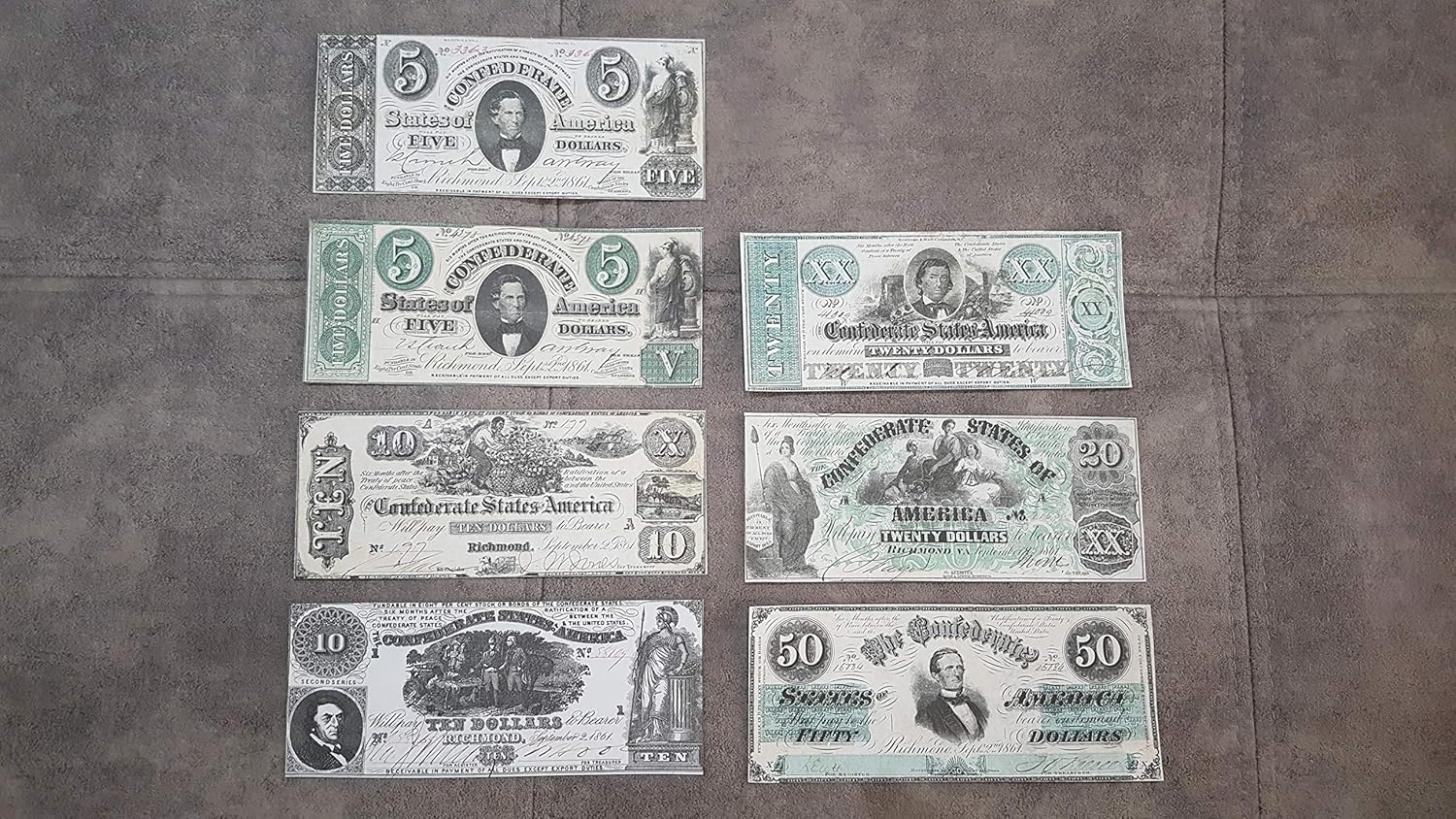 Reprint on Paper with W/M United States 1861-1862 y. Confederate (Green Set)