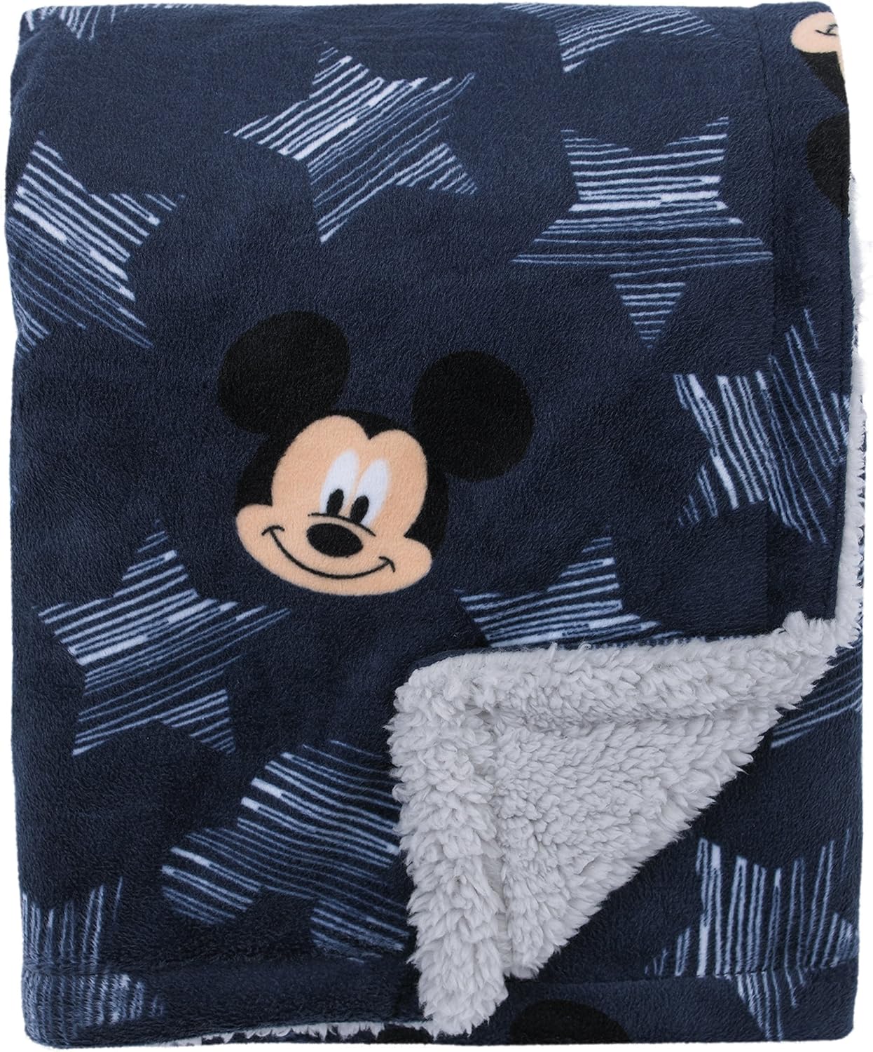 Disney Mickey Mouse Hello World Star/Icon Super Soft Double Sided Velour/Sherpa Baby Blanket, Navy, Grey, White - Image 3
