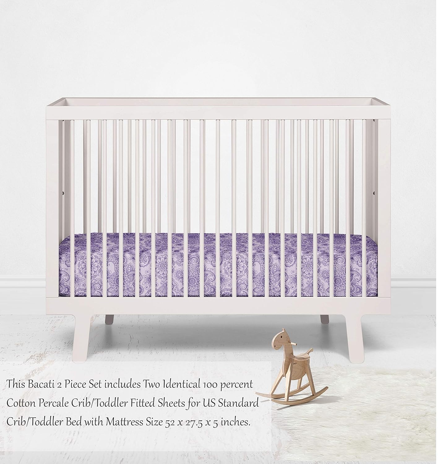 Bacati - 2 Pack Paisley Floral 100 Percent Cotton Percale Universal Baby US Standard Crib/Toddler Bed Fitted Sheets (Lilac Purple Scroll)