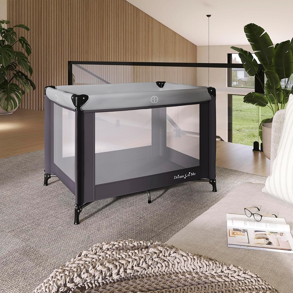 Dream On Me Nest Portable Playard , Award-Winning Lightweight Travel Playpen for Baby. Quick Fold, Mesh Sides, Foldable Mattress Pad, No-Tool Assembly, Meets ASTM/CPSC Standards -Grey